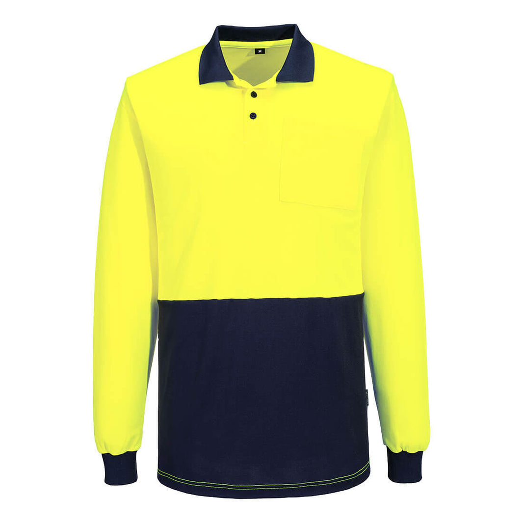 Portwest MP414 Hi-Vis Cotton Comfort Contrast Long Sleeve Polo in Yellow/Navy